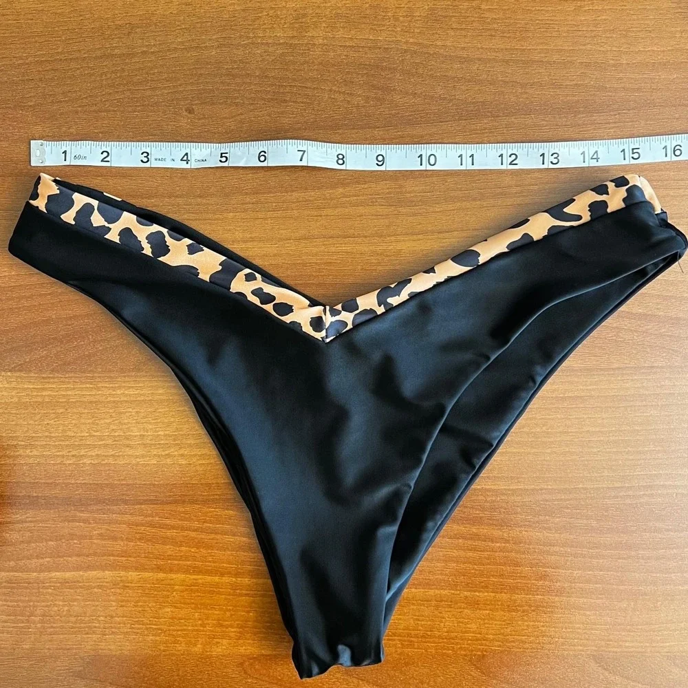 Bikini Swimsuit Womens XL Black Leopard Print Trim Two Piece Swimwear Adjustable